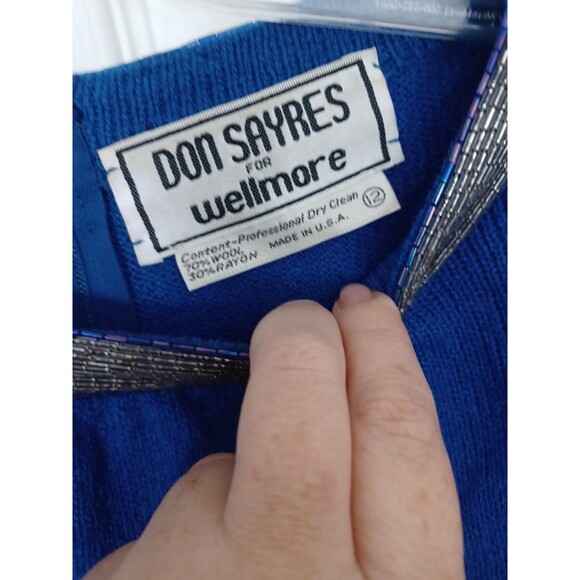 VINTAGE DON SAYERS For WELLMORE Blue Beaded 3D Bows On Sleeves SWEATER DRESS 12 - Picture 8 of 13